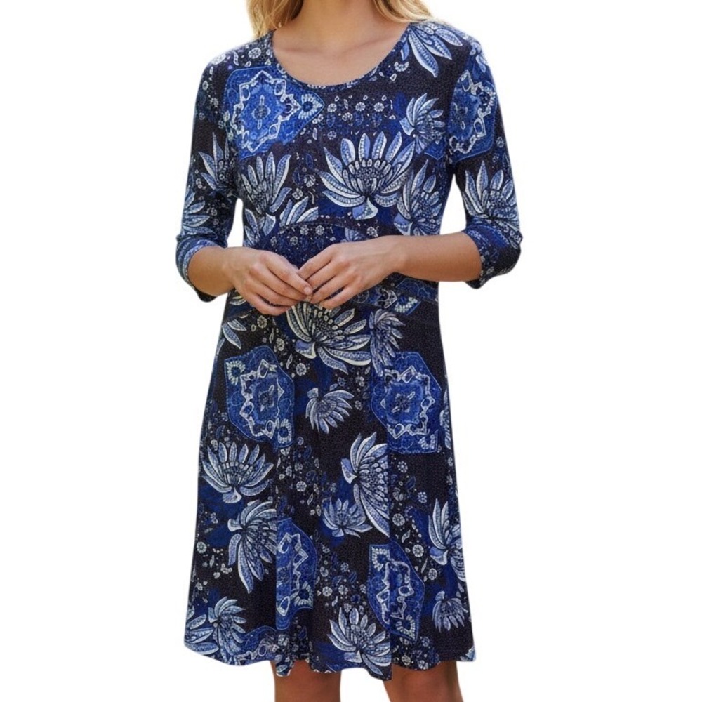 Title Nine Dream Dress Blue Purple Mandala Floral Paisley 3/4 Sleeve Pocket L